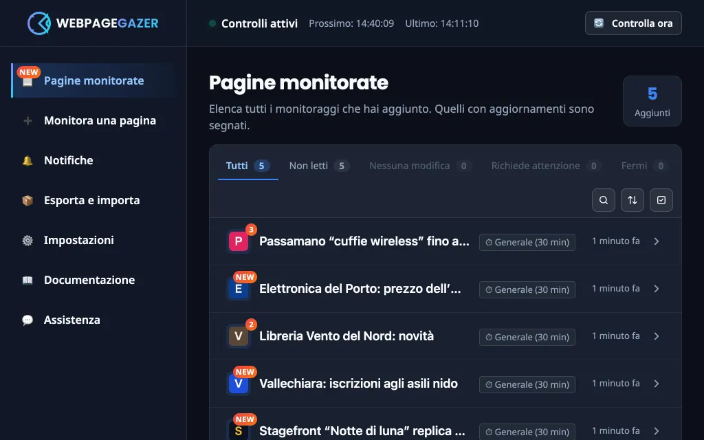 La schermata “Pagine monitorate”