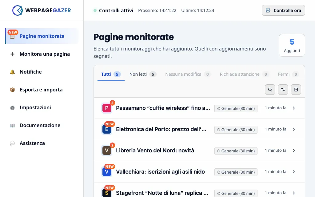 La schermata “Pagine monitorate”