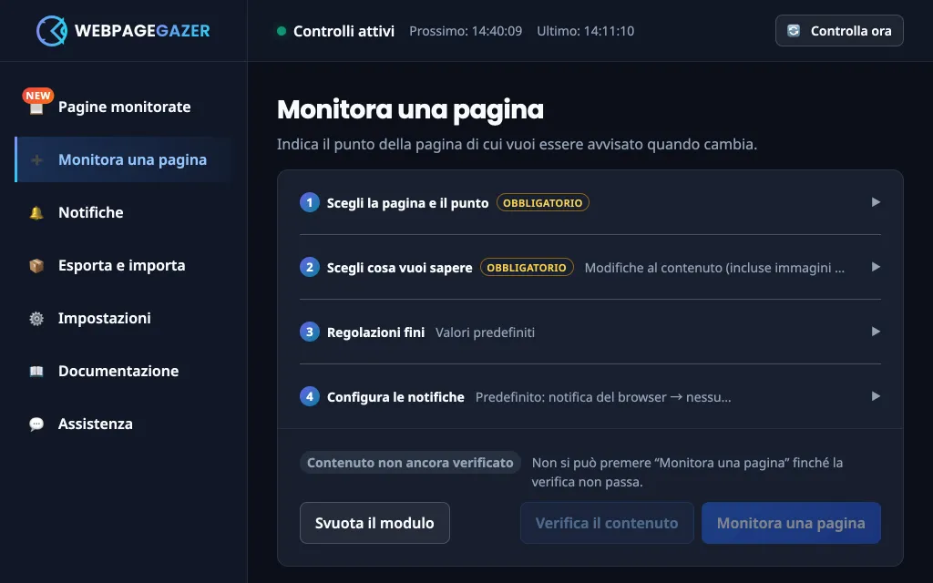 La schermata “Monitora una pagina”