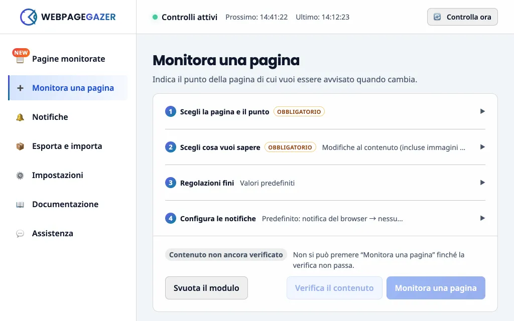 La schermata “Monitora una pagina”