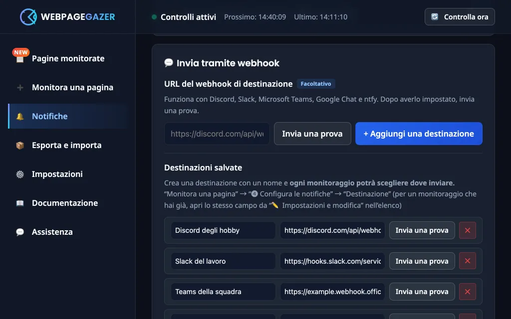 La schermata “Notifiche”