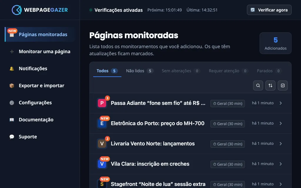 A tela “Páginas monitoradas”