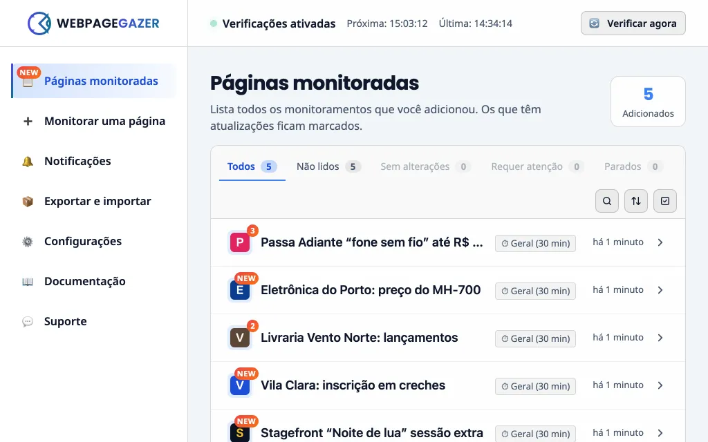A tela “Páginas monitoradas”