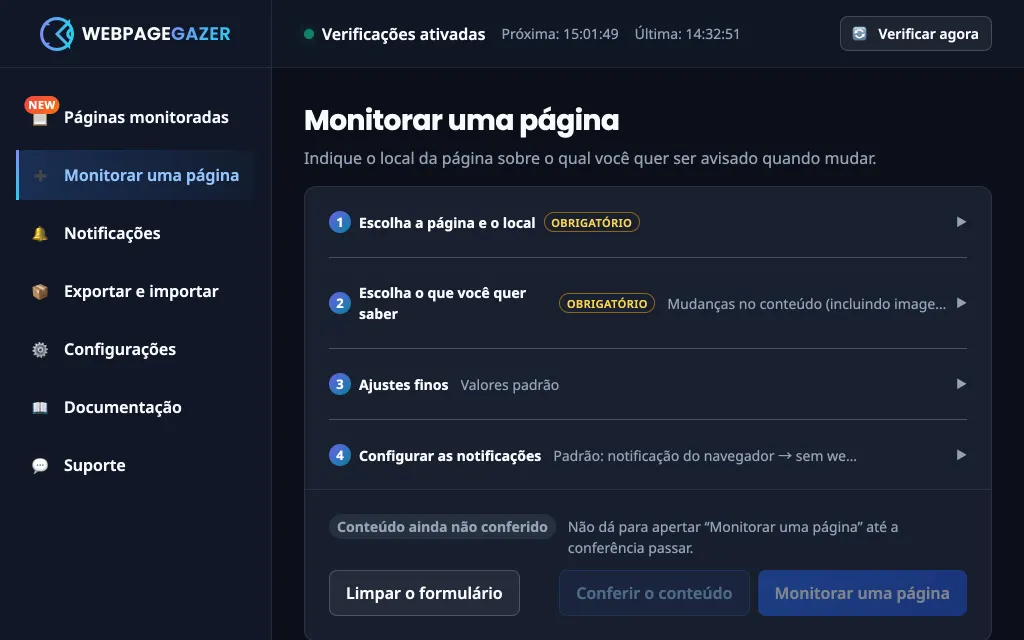 A tela “Monitorar uma página”
