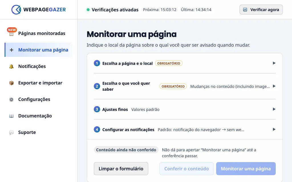 A tela “Monitorar uma página”